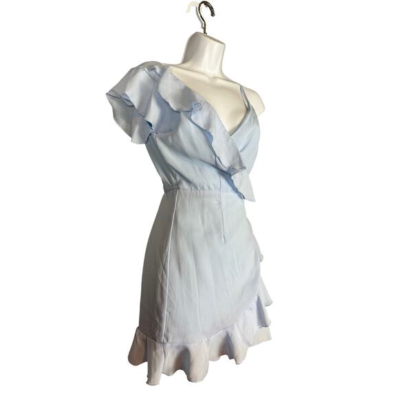 Superdown Pastel Blue Mini Wrap Dress XS Ruffle Romantic Ruffle Revolve $88 NEW - Picture 5 of 7